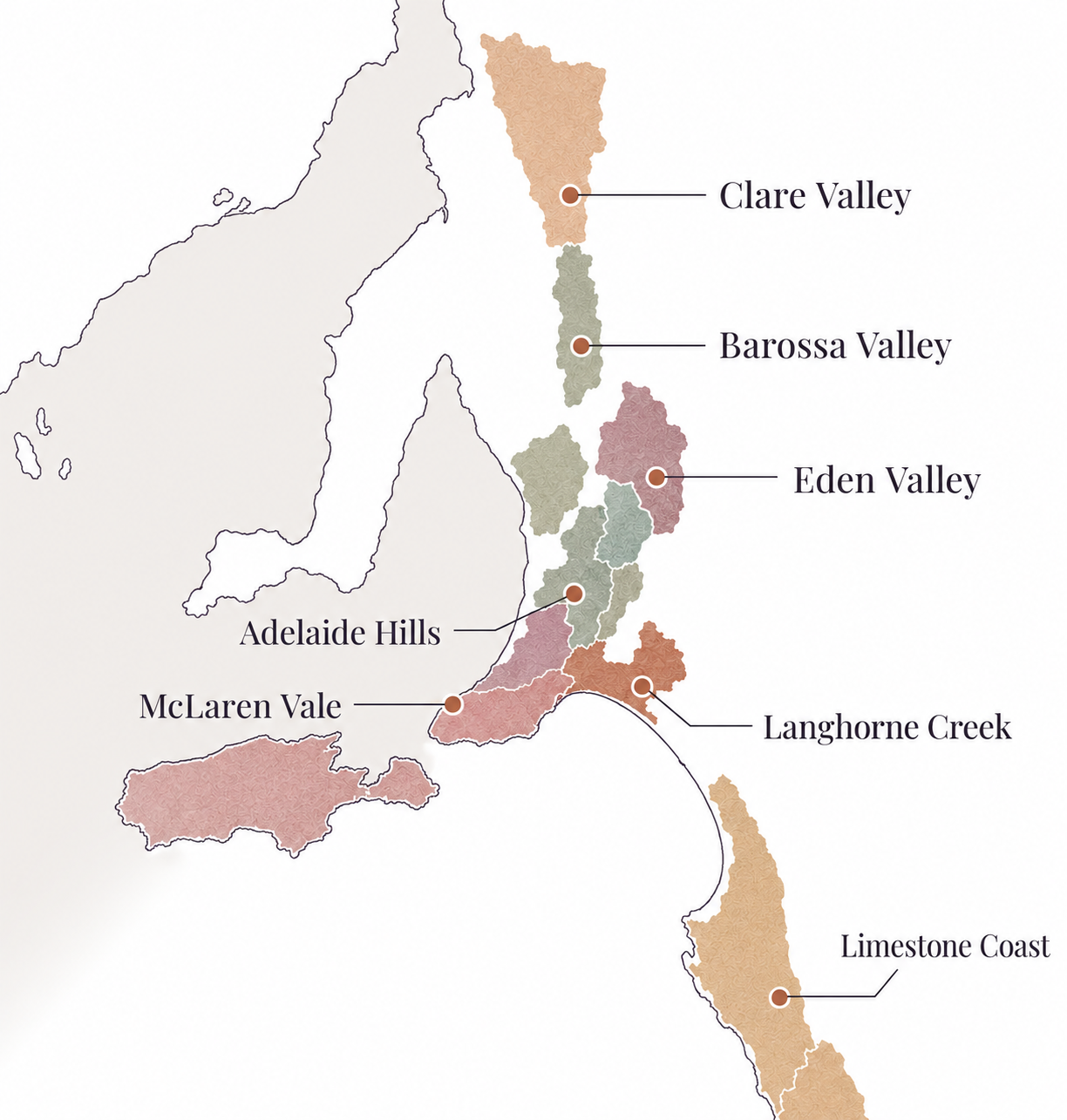 Map of South Australian wine regions: Clare Valley, Barossa Valley, Eden Valley, McLaren Vale, Adelaide Hills, Limestone Coast and Langhorne Creek