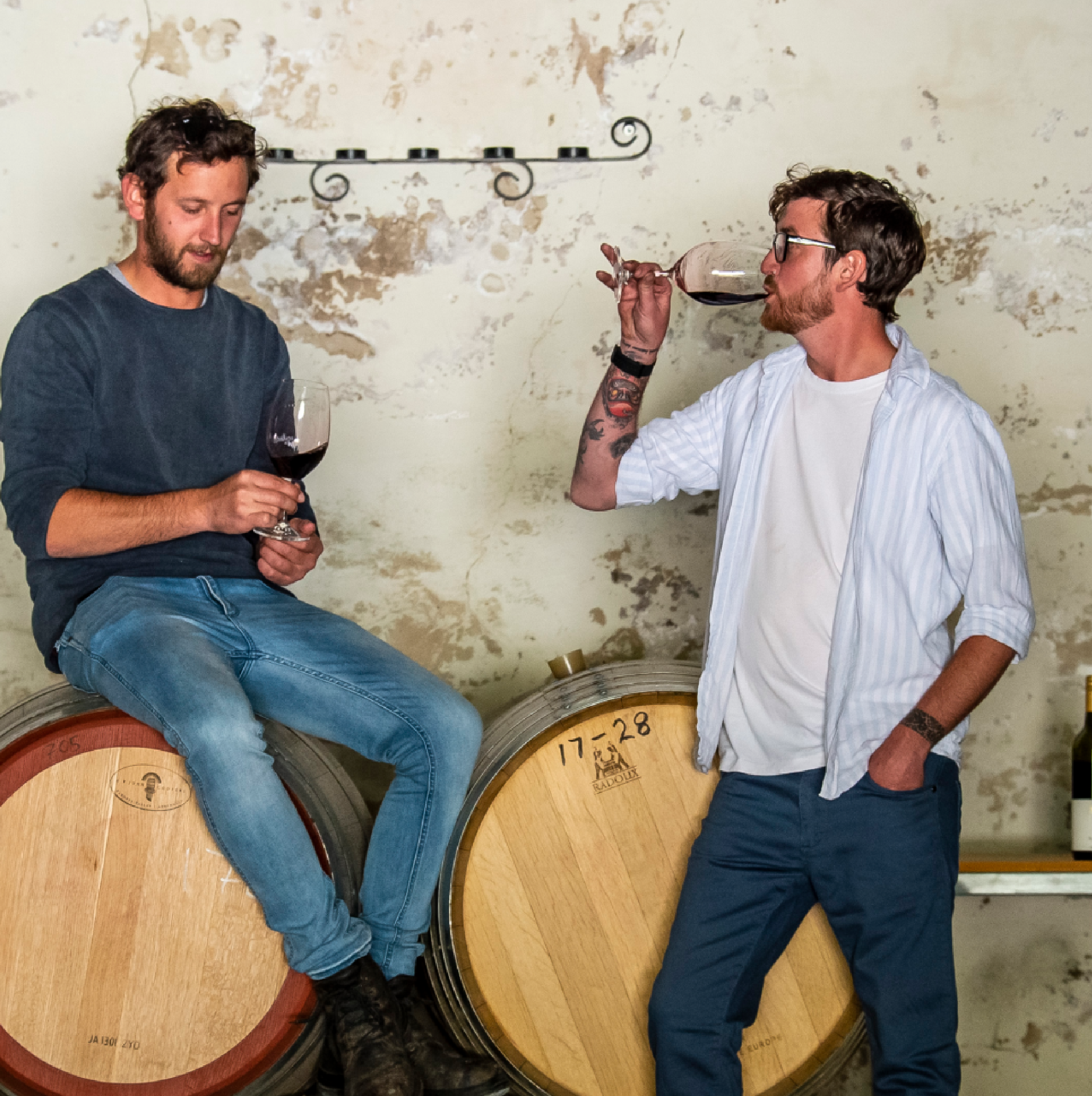 Brothers at War wine tasting in a cellar