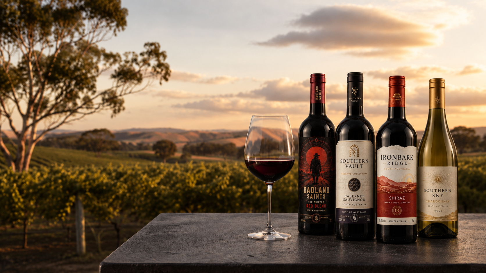 Badland Saints, Southern Vault, Ironbark Ridge and Southern Sky bottles overlooking vineyard rows