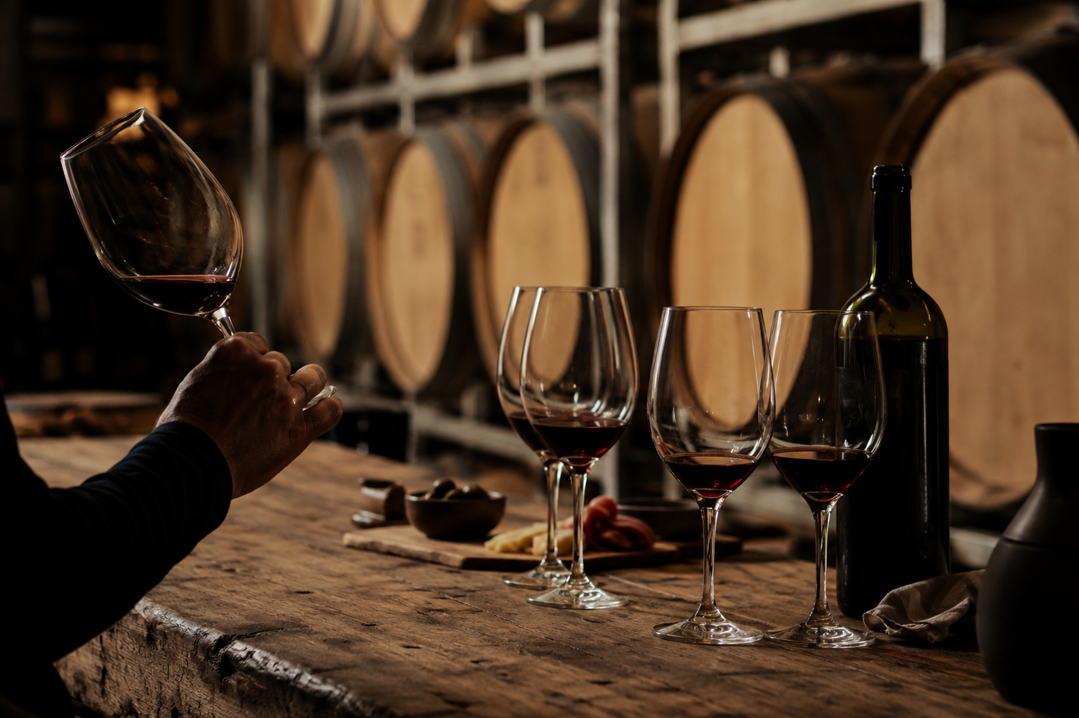 Wine tasting among oak barrels in a traditional cellar