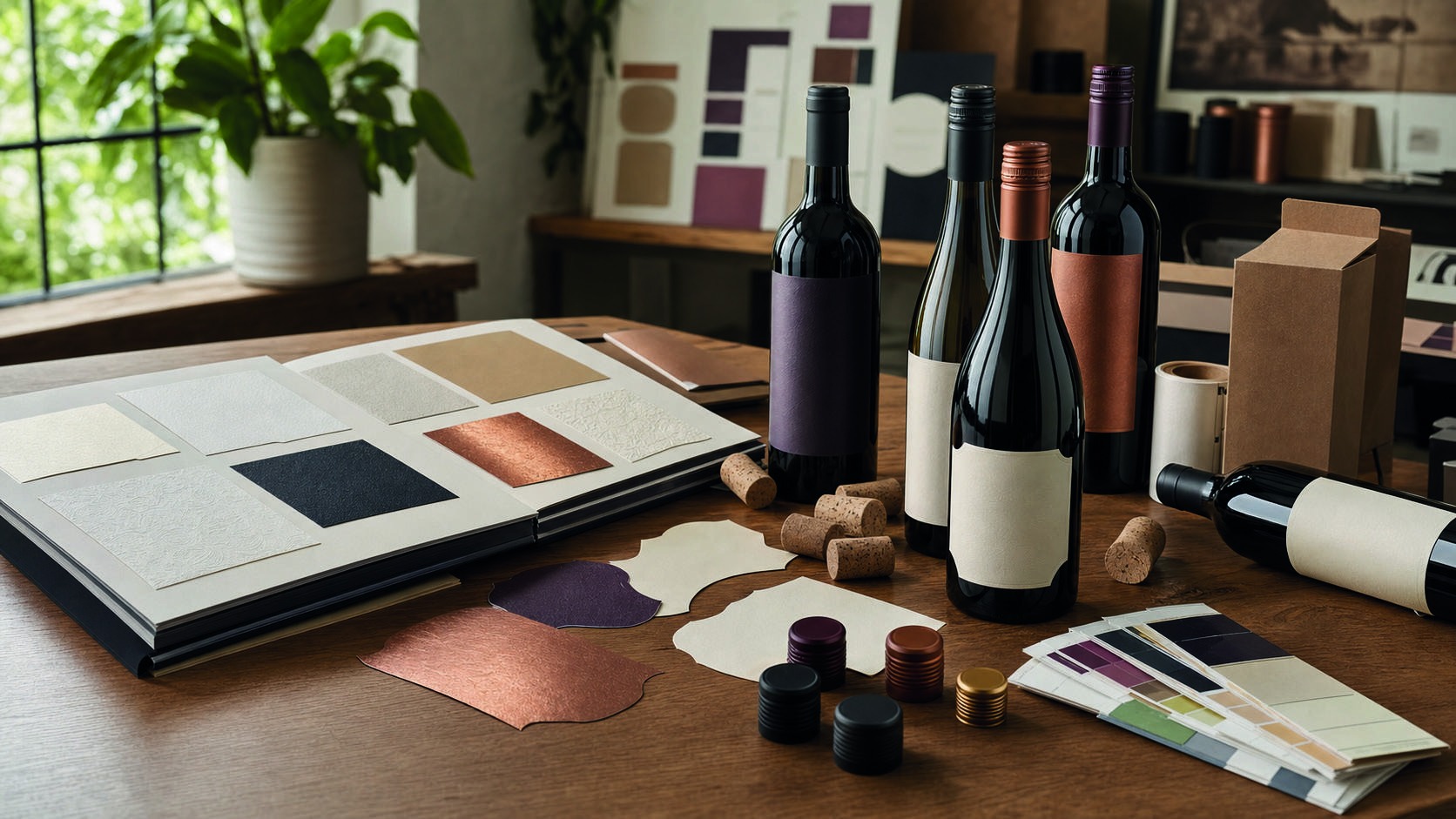 Wine bottles, label designs and packaging samples on a worktable