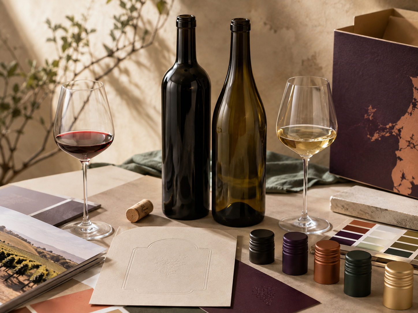 Wine bottles, closure samples and packaging materials on a worktable