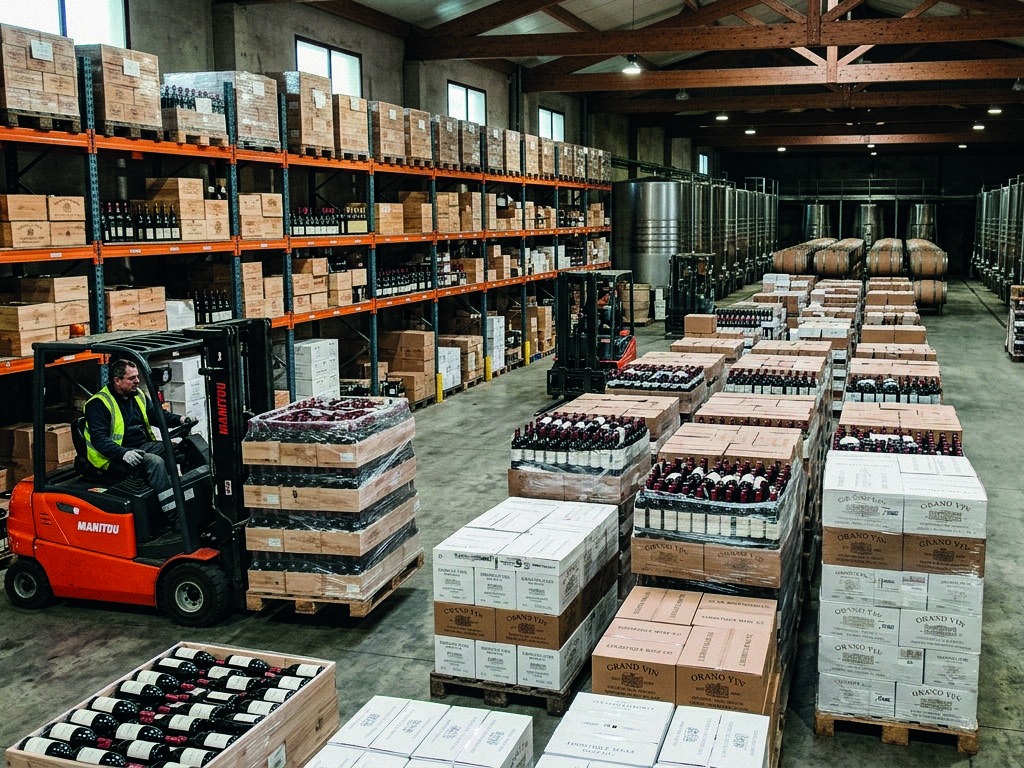 Wine cartons and pallets in a warehouse